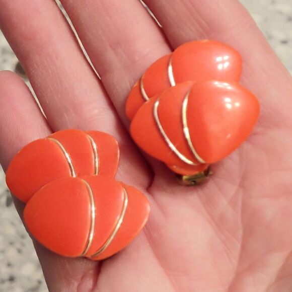 2/$20 VTG Bright Orange Clip Earrings Gold Trim - Picture 3 of 7